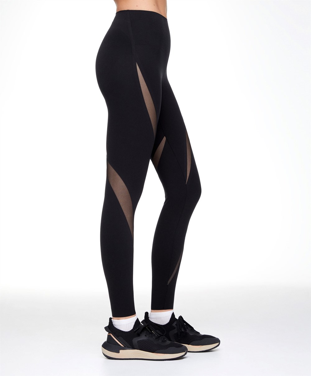 Oysho Sheer Panel 65cm Compressive Leggings Svarte | VOUS02538