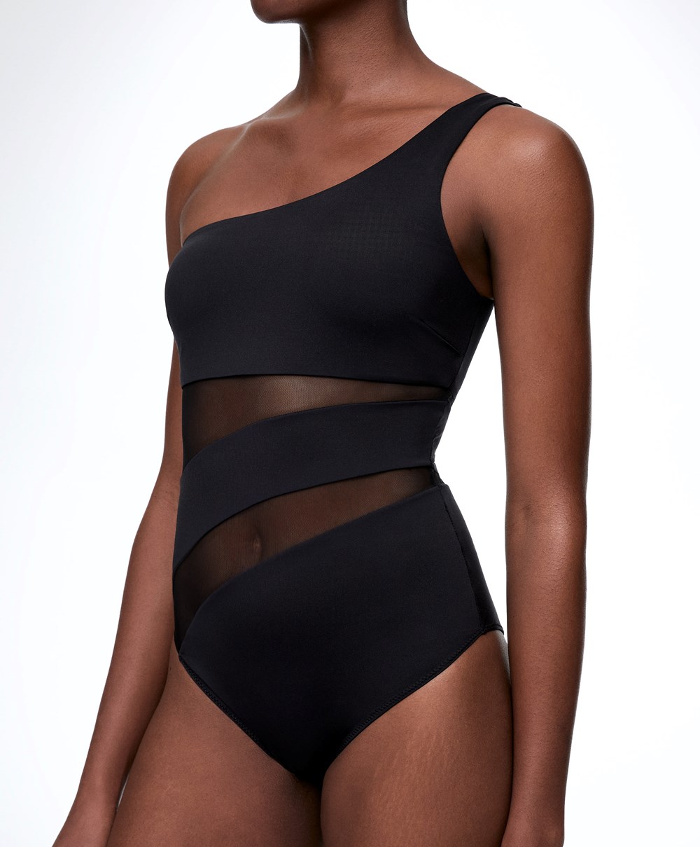 Oysho Sheer Panel Asymmetric Swimsuit Svarte | CAWO06374