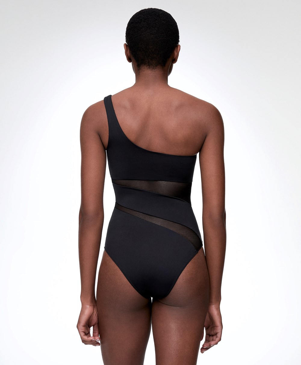 Oysho Sheer Panel Asymmetric Swimsuit Svarte | CAWO06374