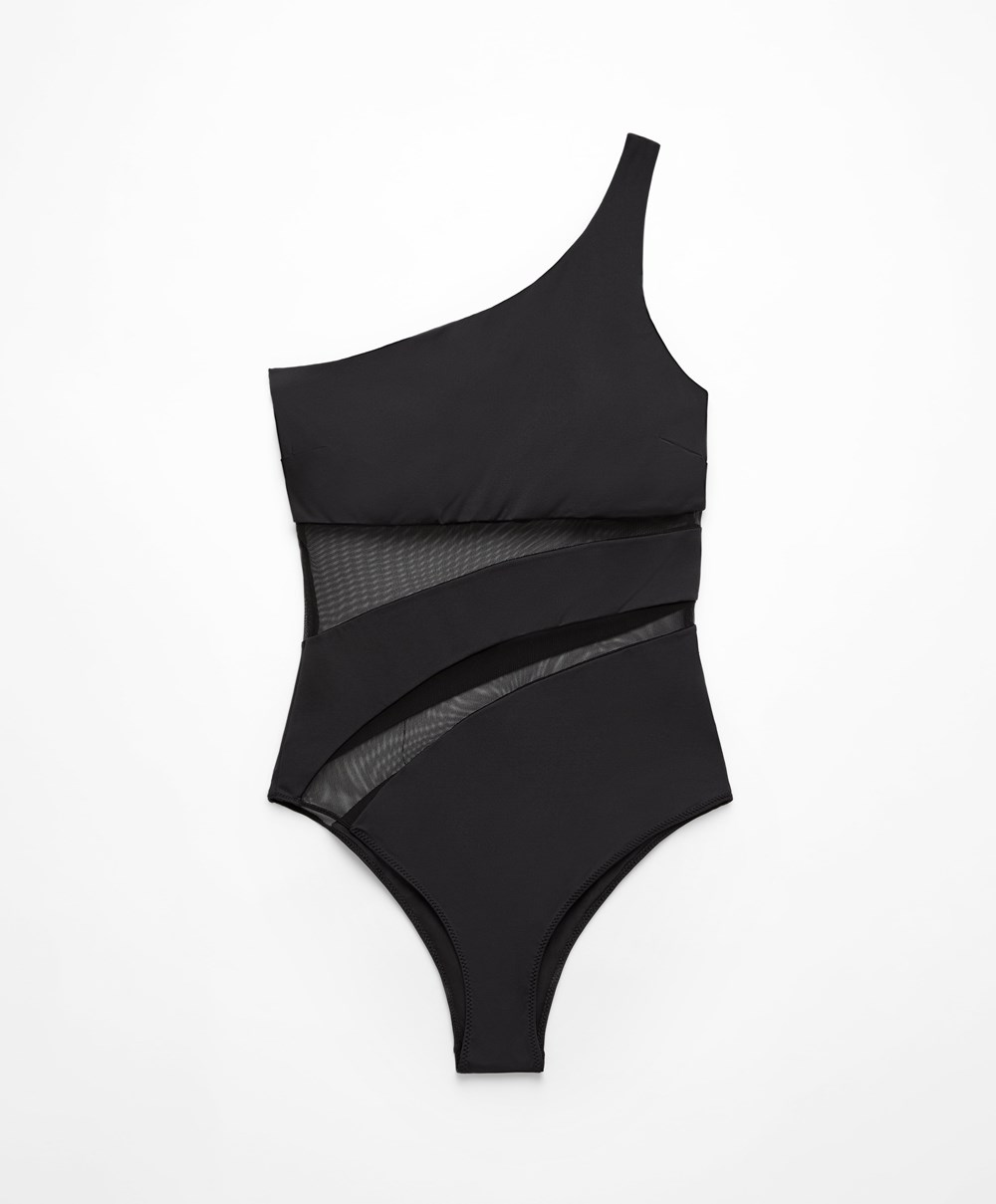 Oysho Sheer Panel Asymmetric Swimsuit Svarte | CAWO06374