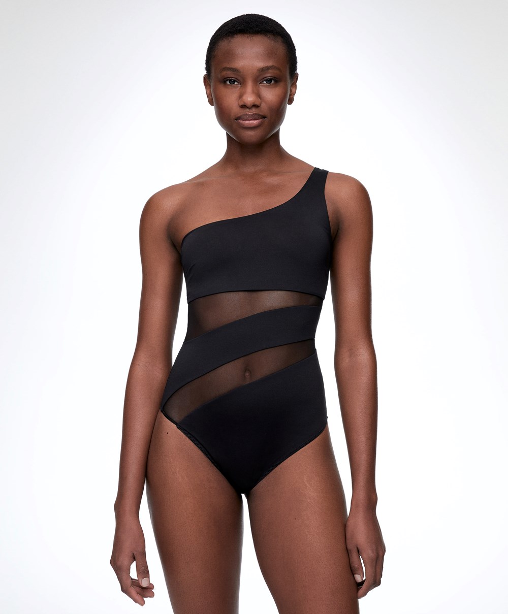 Oysho Sheer Panel Asymmetric Swimsuit Svarte | CAWO06374