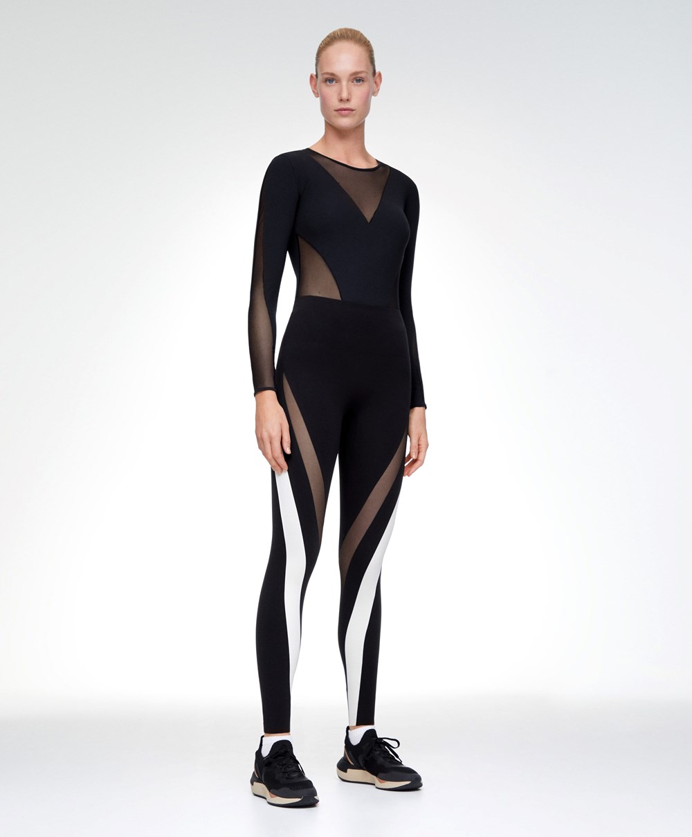 Oysho Sheer Panel Colour Block 65cm Compressive Leggings Svarte | YEOX64285