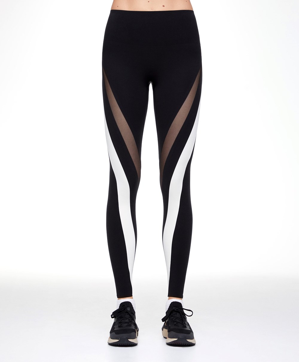 Oysho Sheer Panel Colour Block 65cm Compressive Leggings Svarte | YEOX64285