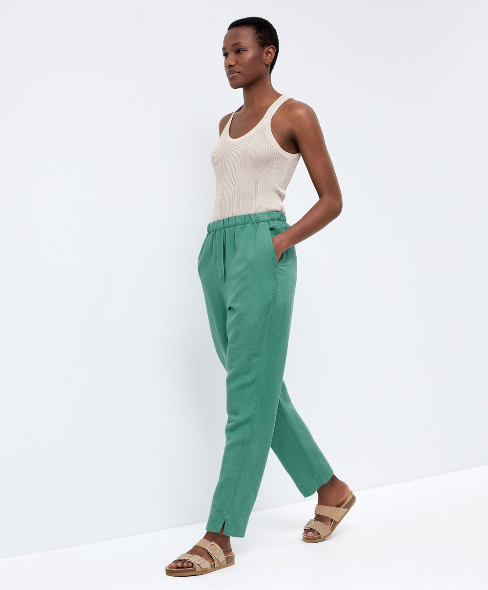 Oysho Slim Fit Linen Trousers Grønn | LGMV79243