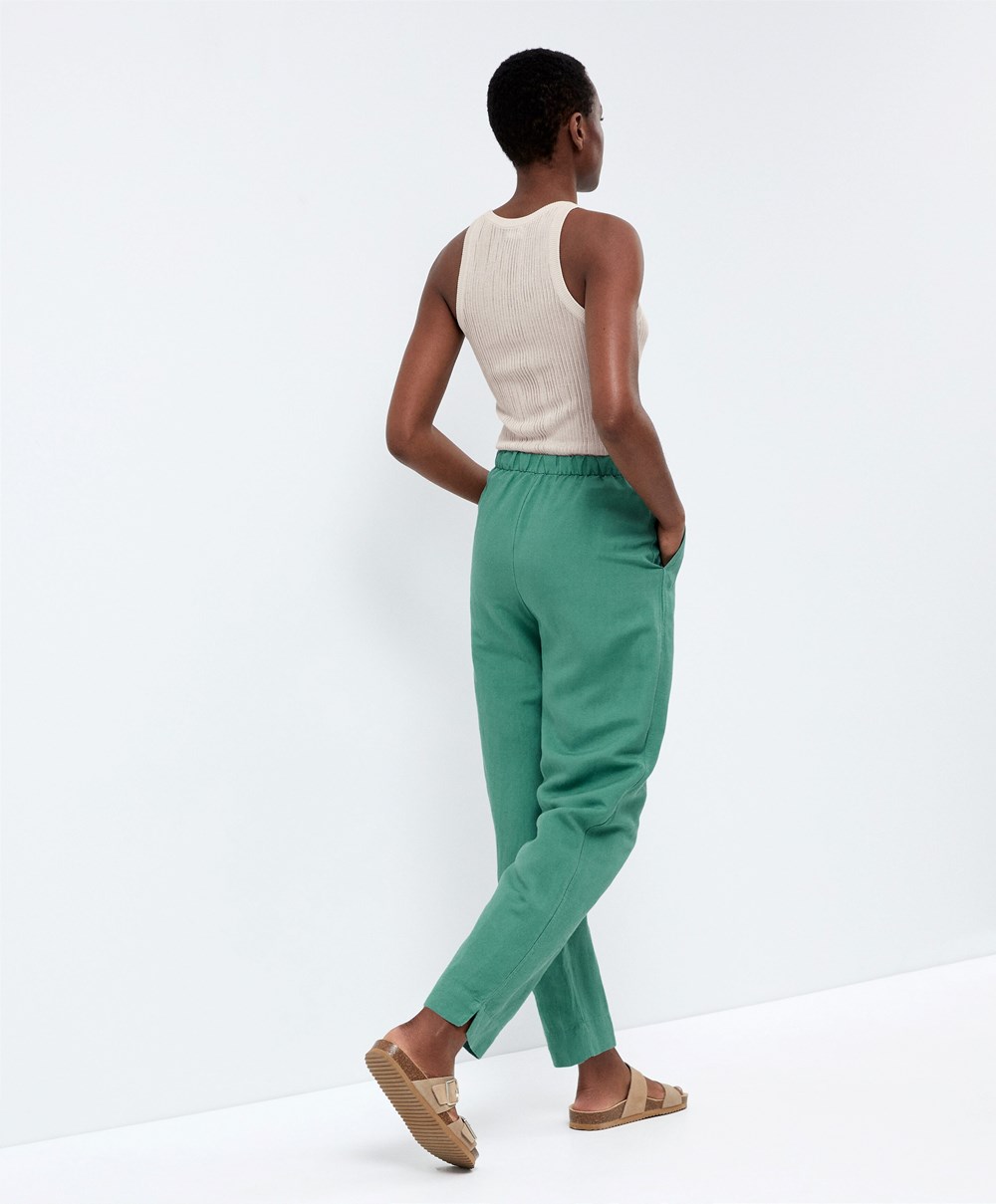 Oysho Slim Fit Linen Trousers Grønn | LGMV79243