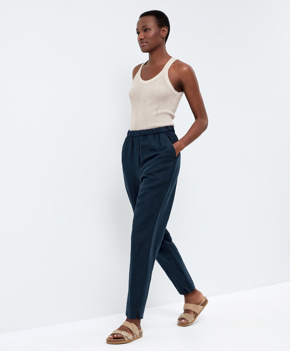 Oysho Slim Fit Linen Trousers Marineblå | VBOW31762