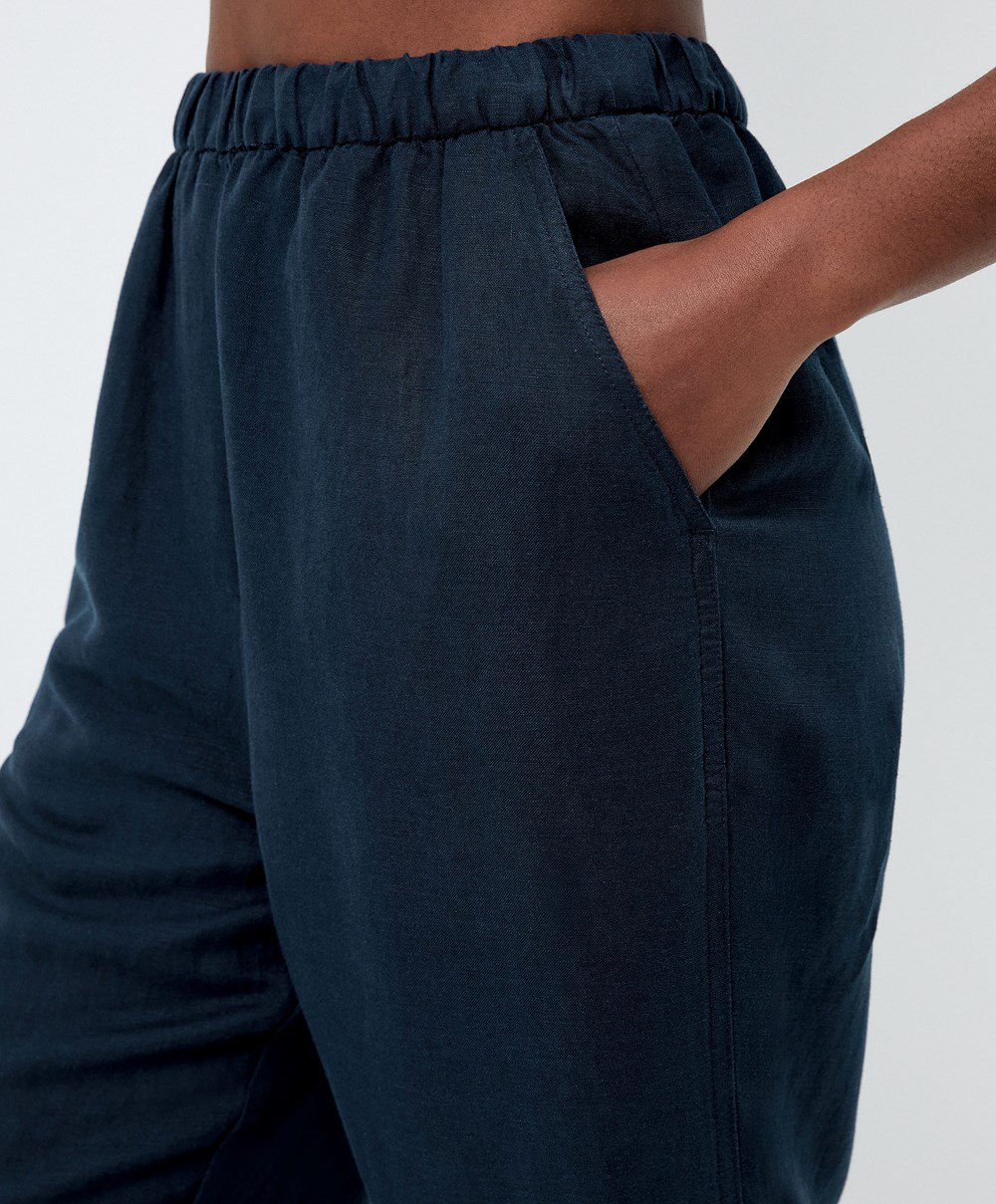 Oysho Slim Fit Linen Trousers Marineblå | VBOW31762