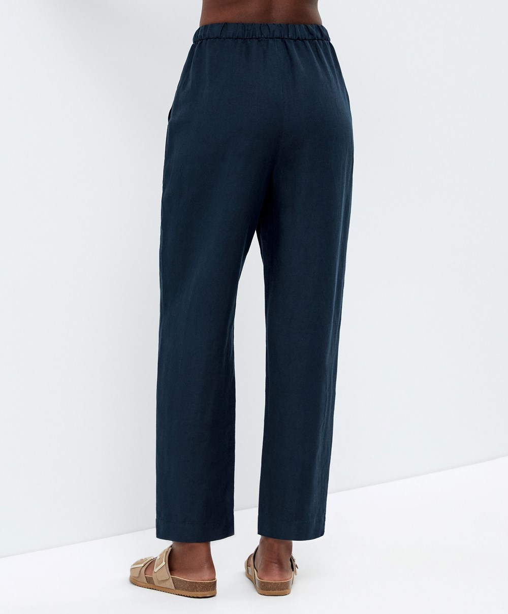 Oysho Slim Fit Linen Trousers Marineblå | VBOW31762