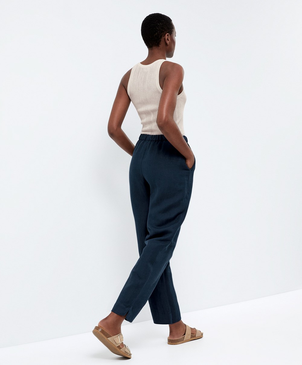 Oysho Slim Fit Linen Trousers Marineblå | VBOW31762