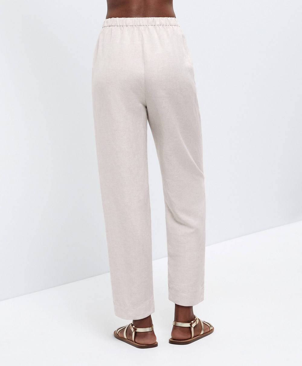 Oysho Slim Fit Linen Trousers Sand Melange | YNEL09413