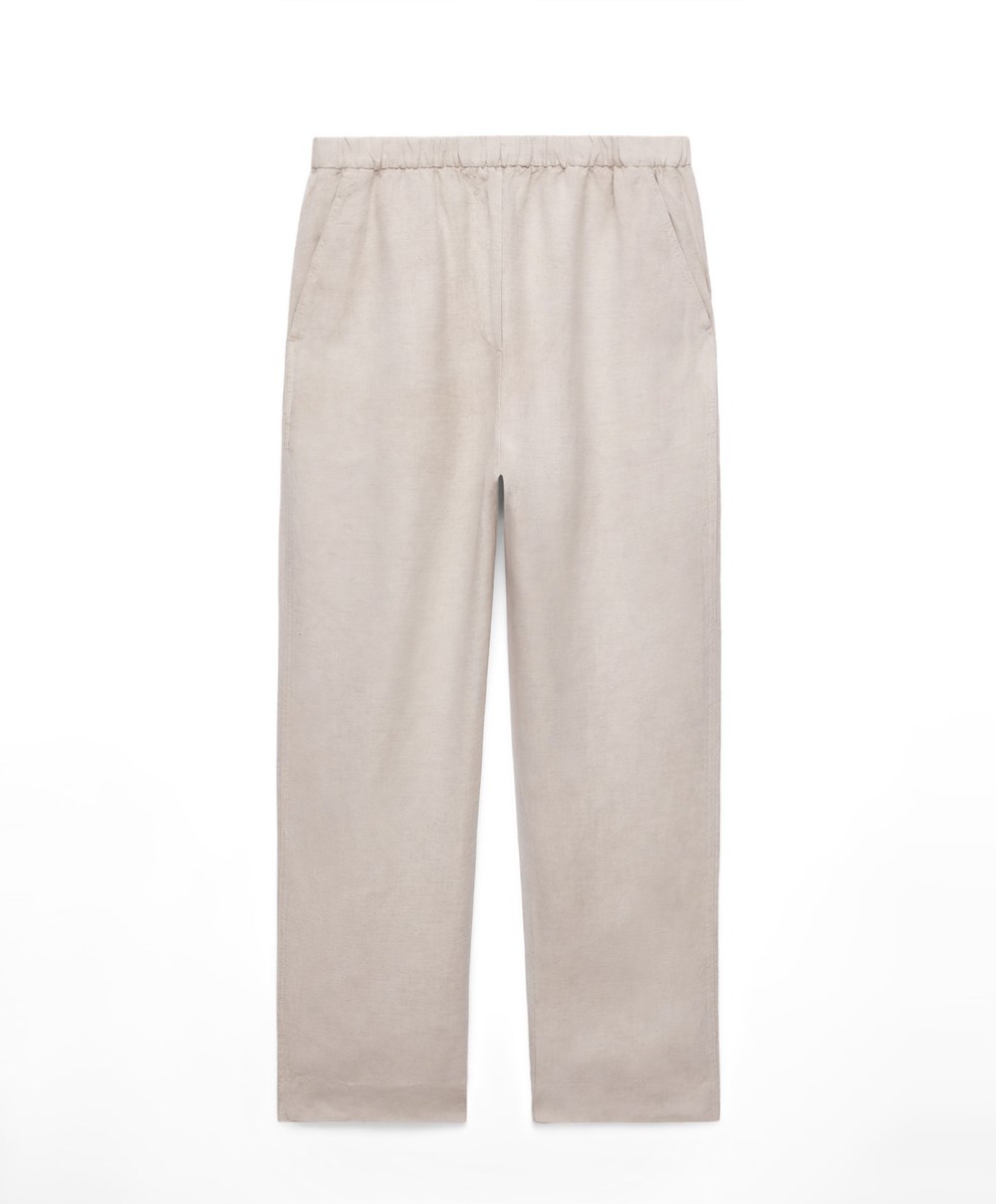 Oysho Slim Fit Linen Trousers Sand Melange | YNEL09413