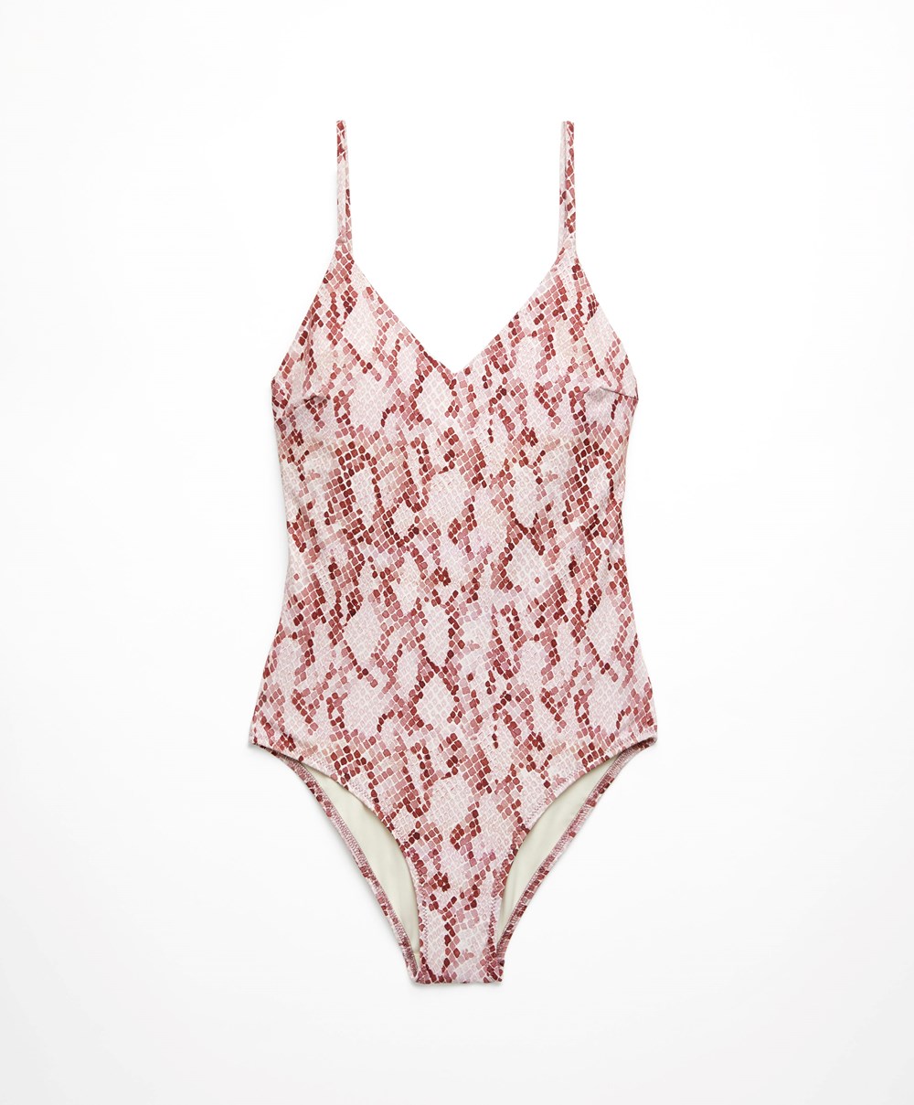 Oysho Snake Print V-neck Swimsuit Rosa | QKGX19867