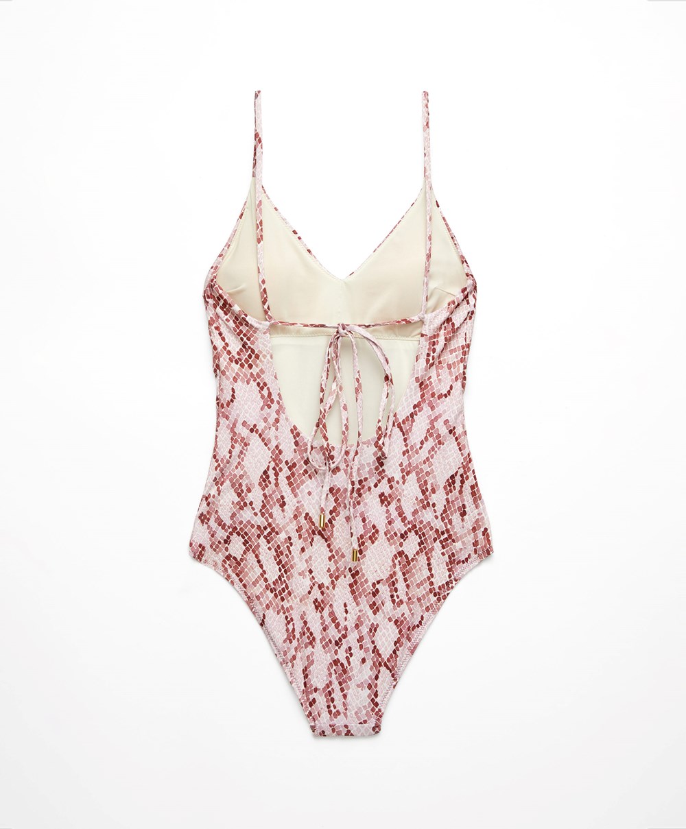 Oysho Snake Print V-neck Swimsuit Rosa | QKGX19867