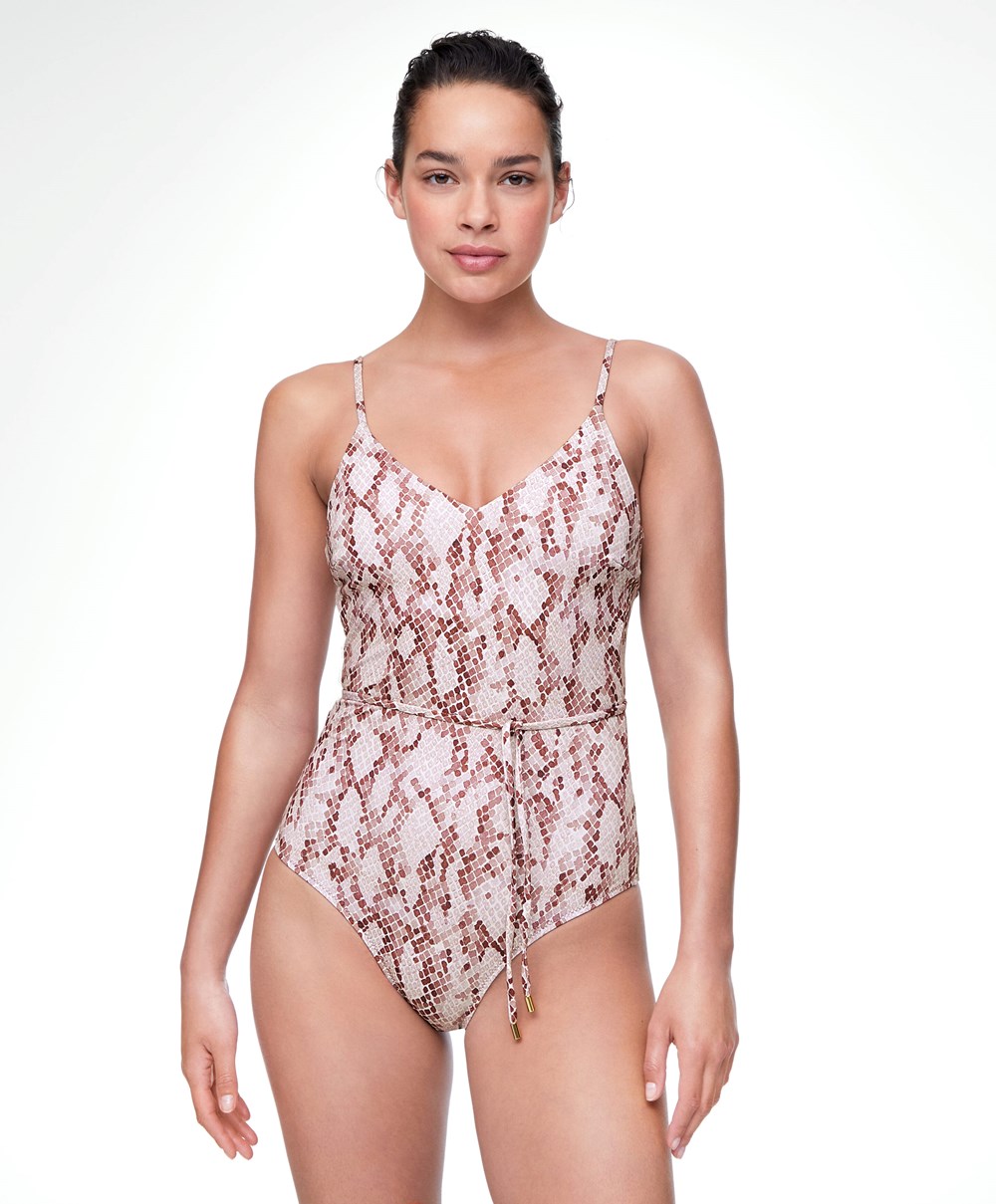 Oysho Snake Print V-neck Swimsuit Rosa | QKGX19867