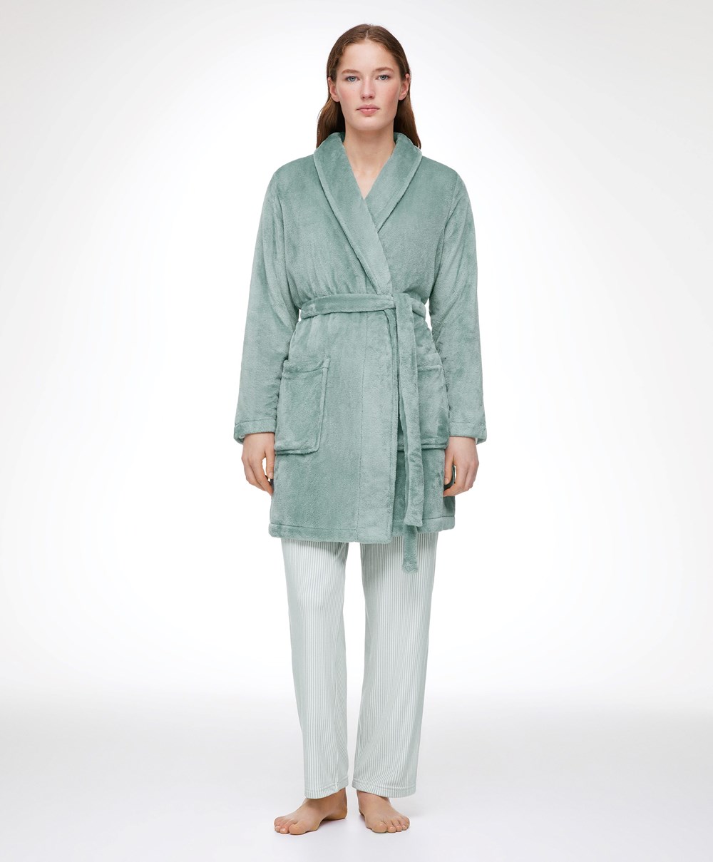 Oysho Soft-touch Fleece Kort Dressing Gown Turkis Grønn | AZTR85064