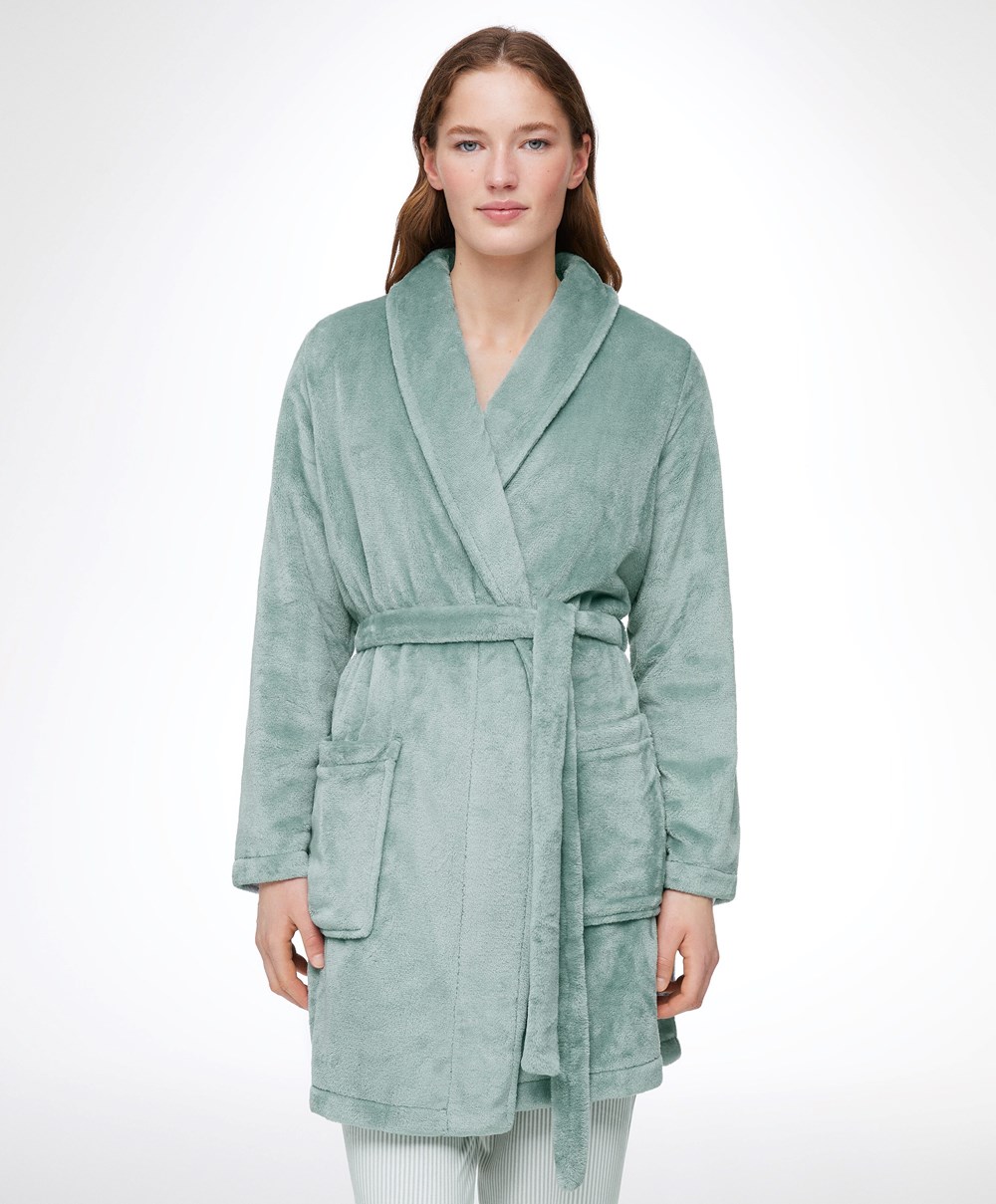 Oysho Soft-touch Fleece Kort Dressing Gown Turkis Grønn | AZTR85064