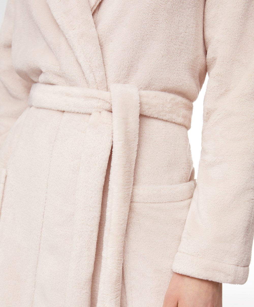 Oysho Soft-touch Fleece Kort Dressing Gown Stone | CSKM71495