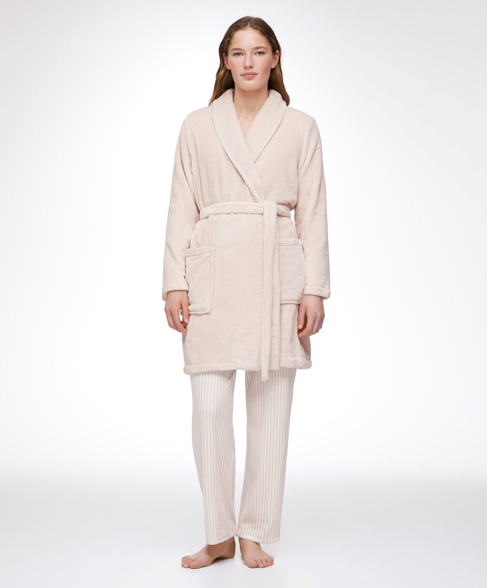 Oysho Soft-touch Fleece Kort Dressing Gown Stone | CSKM71495