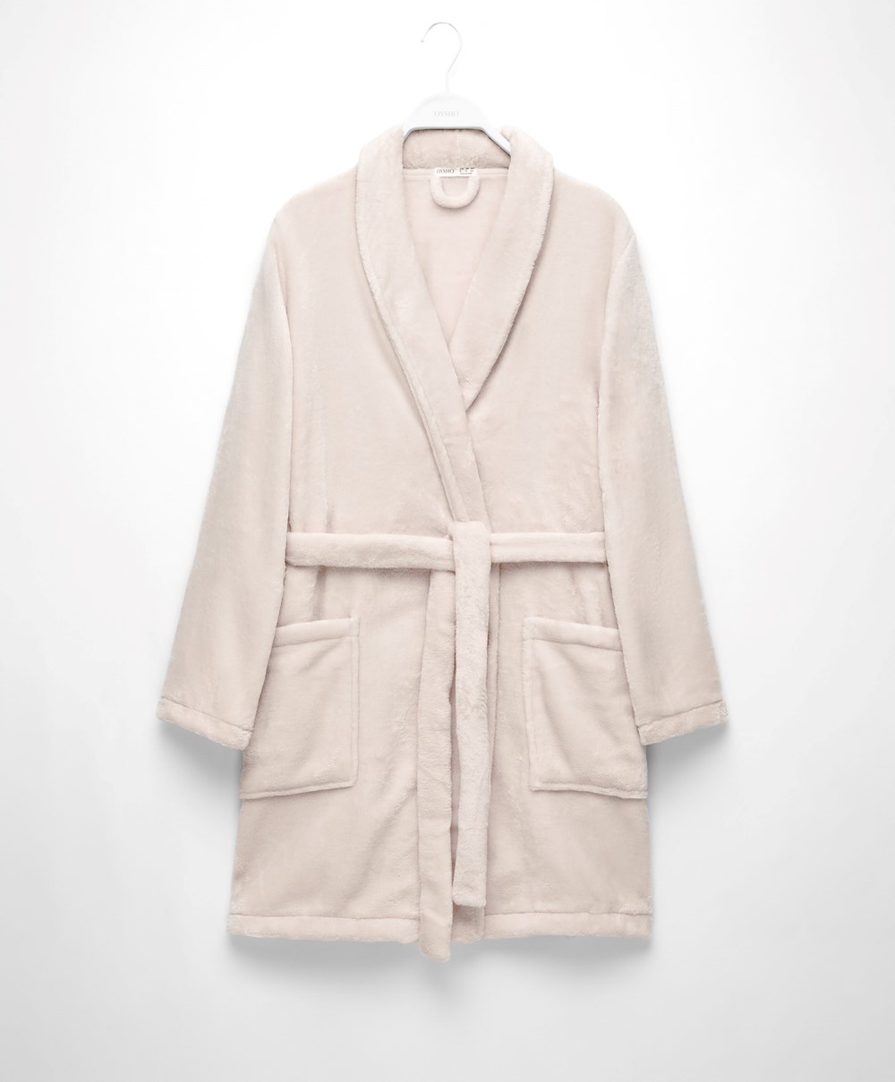 Oysho Soft-touch Fleece Kort Dressing Gown Stone | CSKM71495