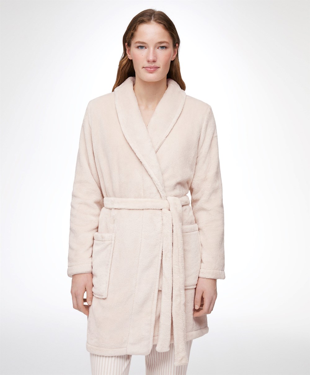 Oysho Soft-touch Fleece Kort Dressing Gown Stone | CSKM71495