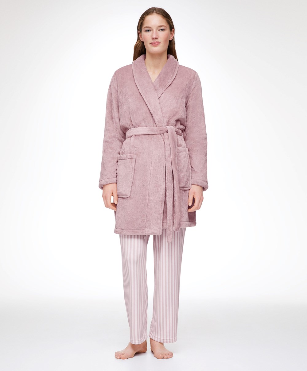 Oysho Soft-touch Fleece Kort Dressing Gown Rosa | YUFZ68743