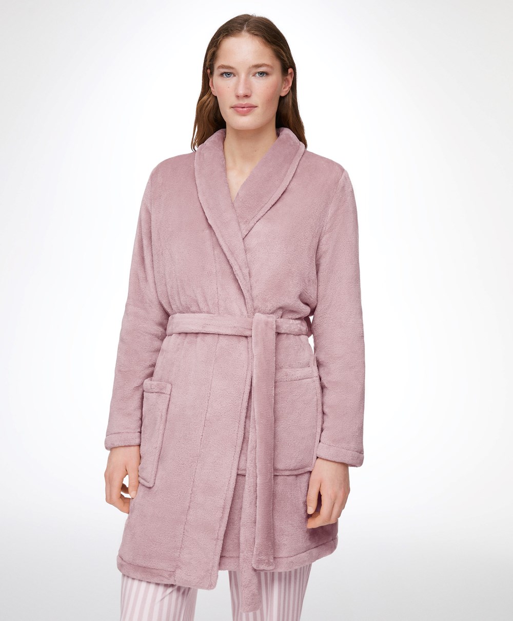 Oysho Soft-touch Fleece Kort Dressing Gown Rosa | YUFZ68743