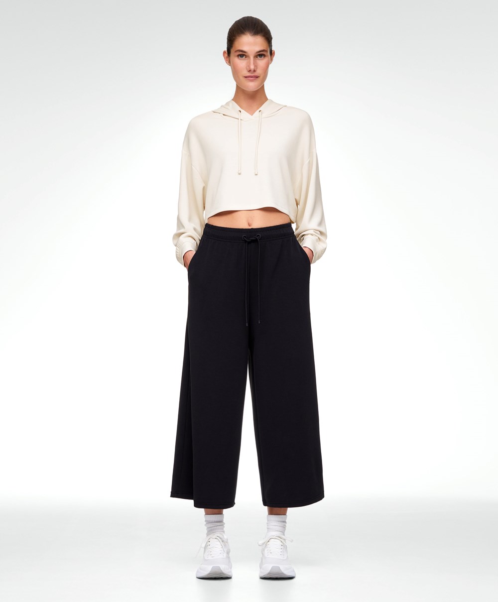 Oysho Soft-touch Modal Cropped Brede-leg Trousers Svarte | MYHK91384