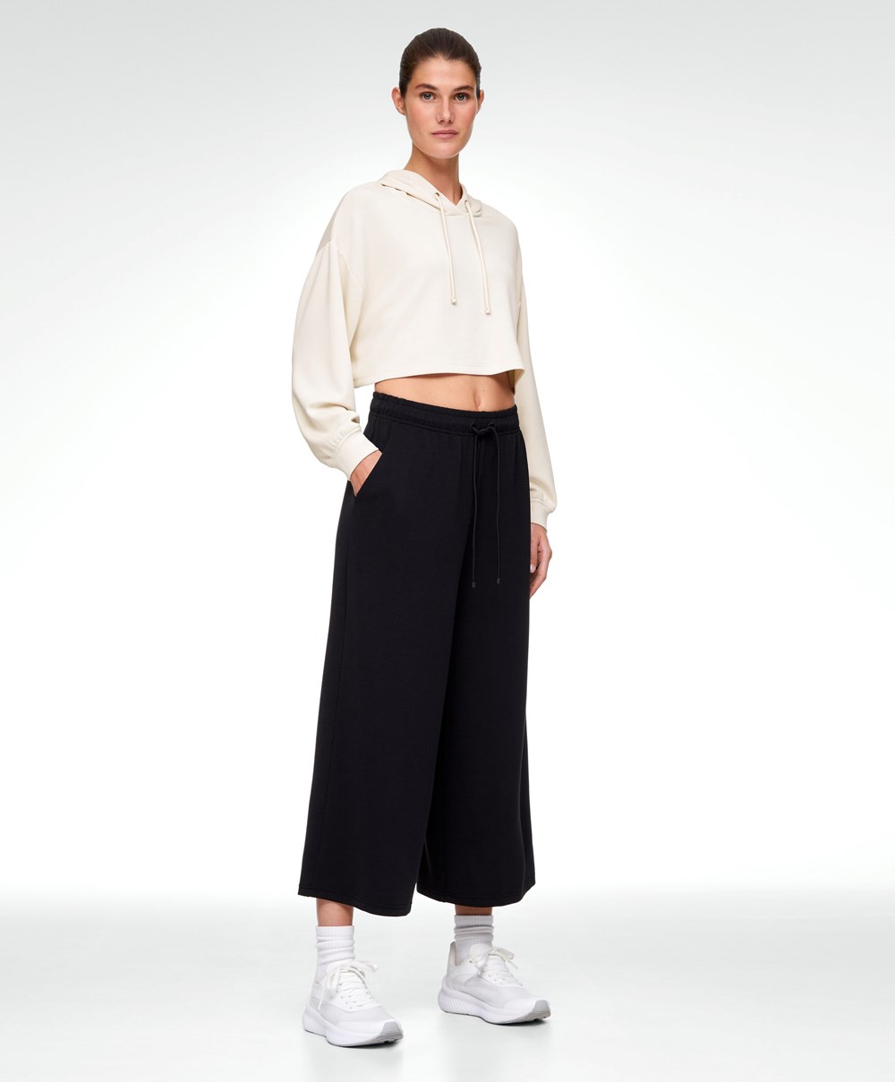 Oysho Soft-touch Modal Cropped Brede-leg Trousers Svarte | MYHK91384