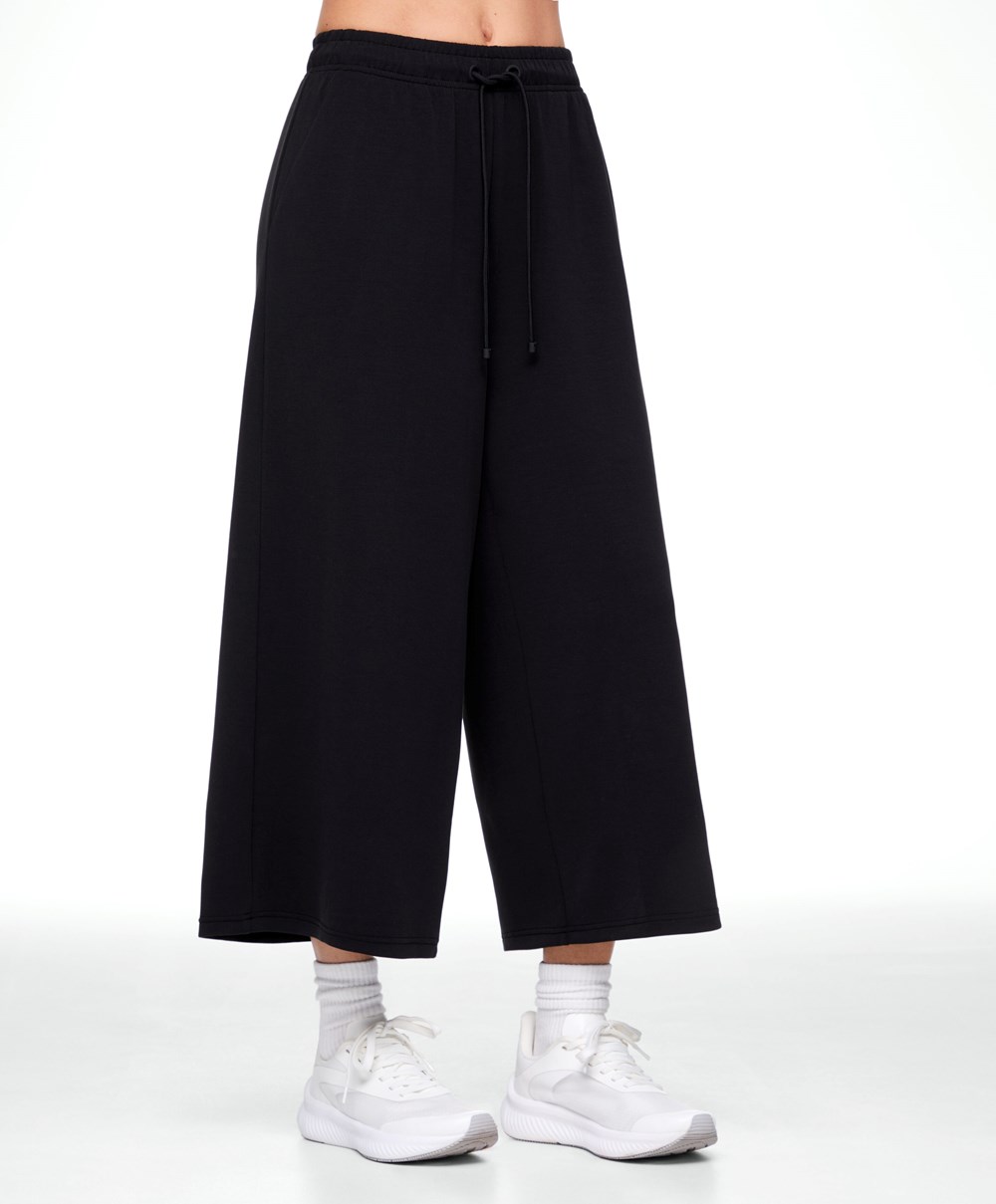 Oysho Soft-touch Modal Cropped Brede-leg Trousers Svarte | MYHK91384