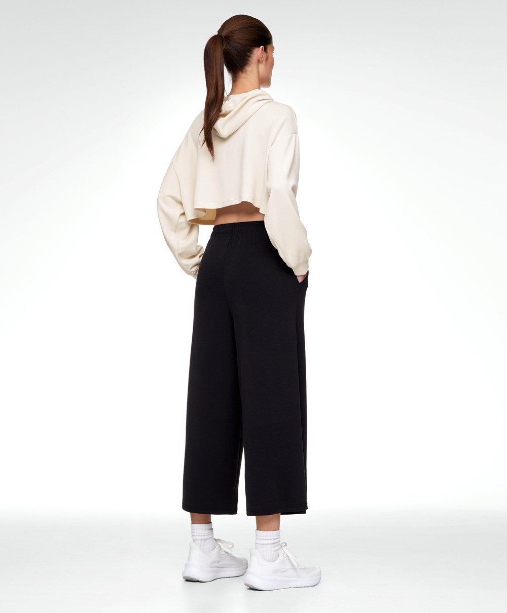 Oysho Soft-touch Modal Cropped Brede-leg Trousers Svarte | MYHK91384