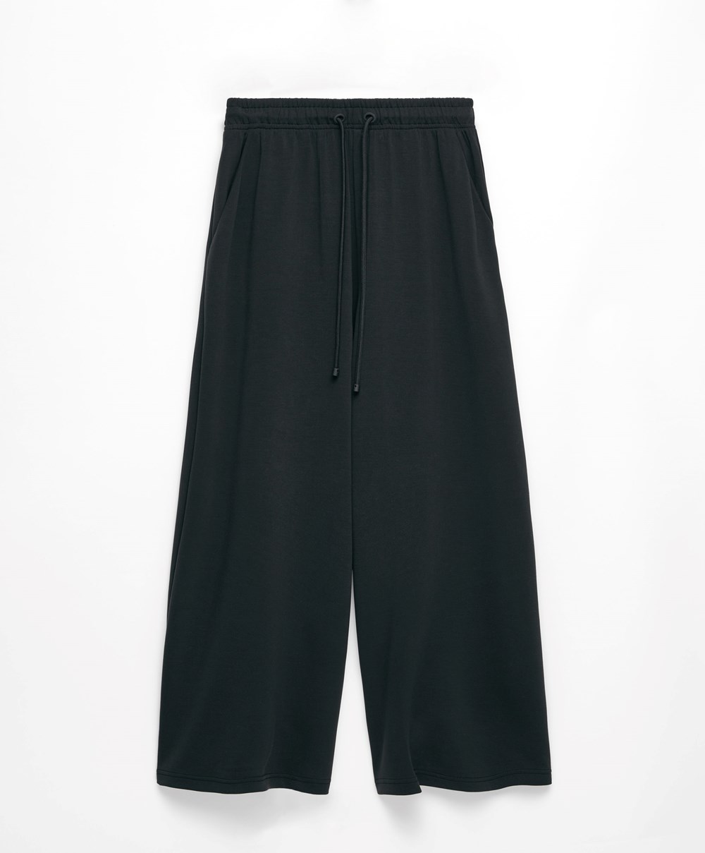 Oysho Soft-touch Modal Cropped Brede-leg Trousers Svarte | MYHK91384