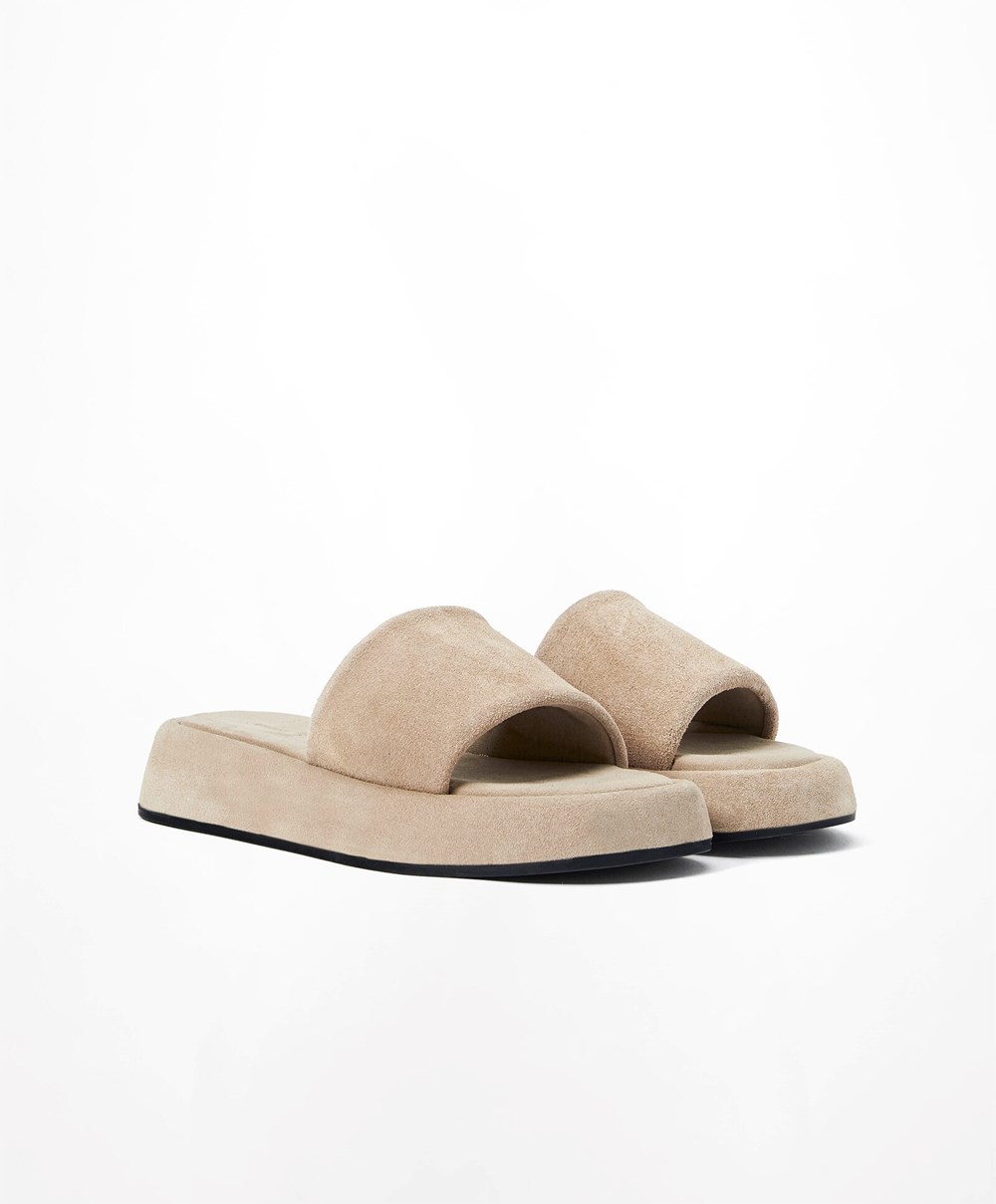 Oysho Split-leather Platform Slides Sand | SZDL10324