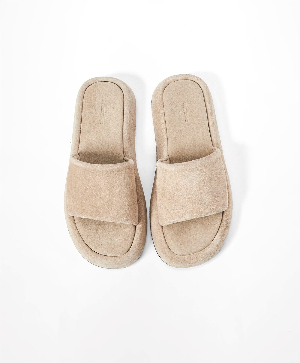 Oysho Split-leather Platform Slides Sand | SZDL10324