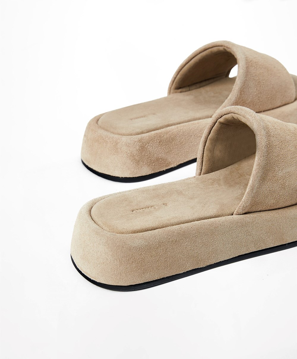 Oysho Split-leather Platform Slides Sand | SZDL10324