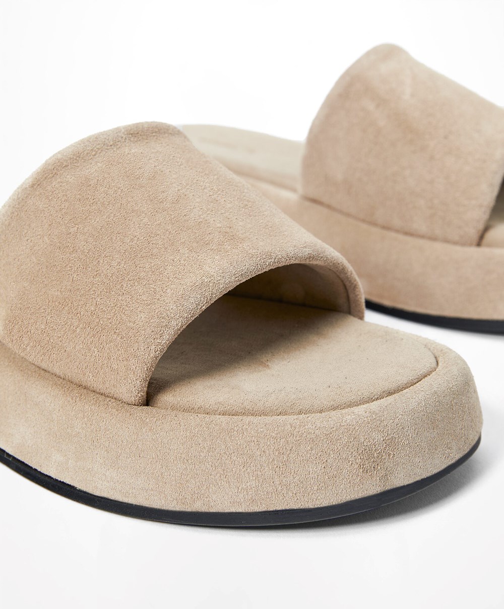 Oysho Split-leather Platform Slides Sand | SZDL10324