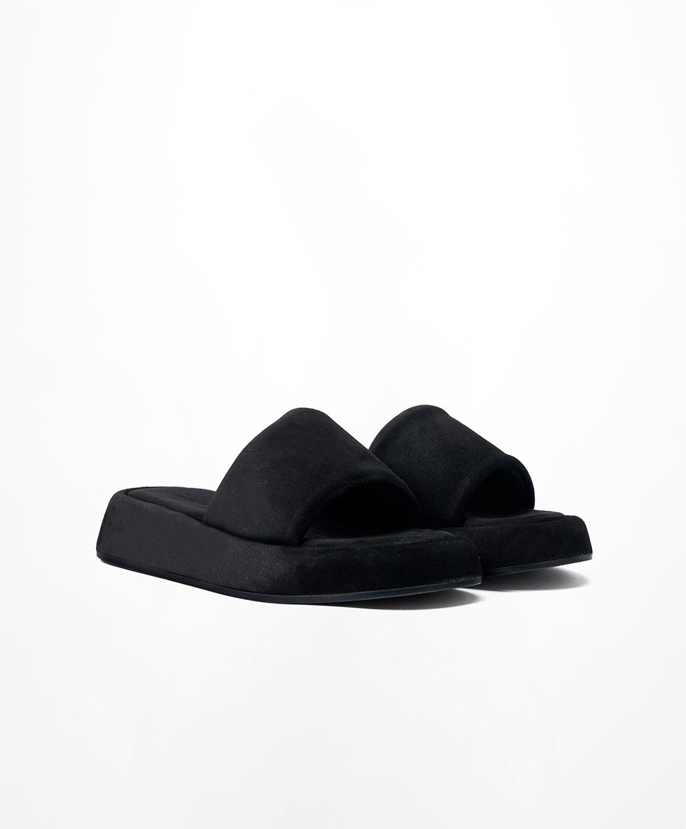 Oysho Split-leather Platform Slides Svarte | BNKA61807