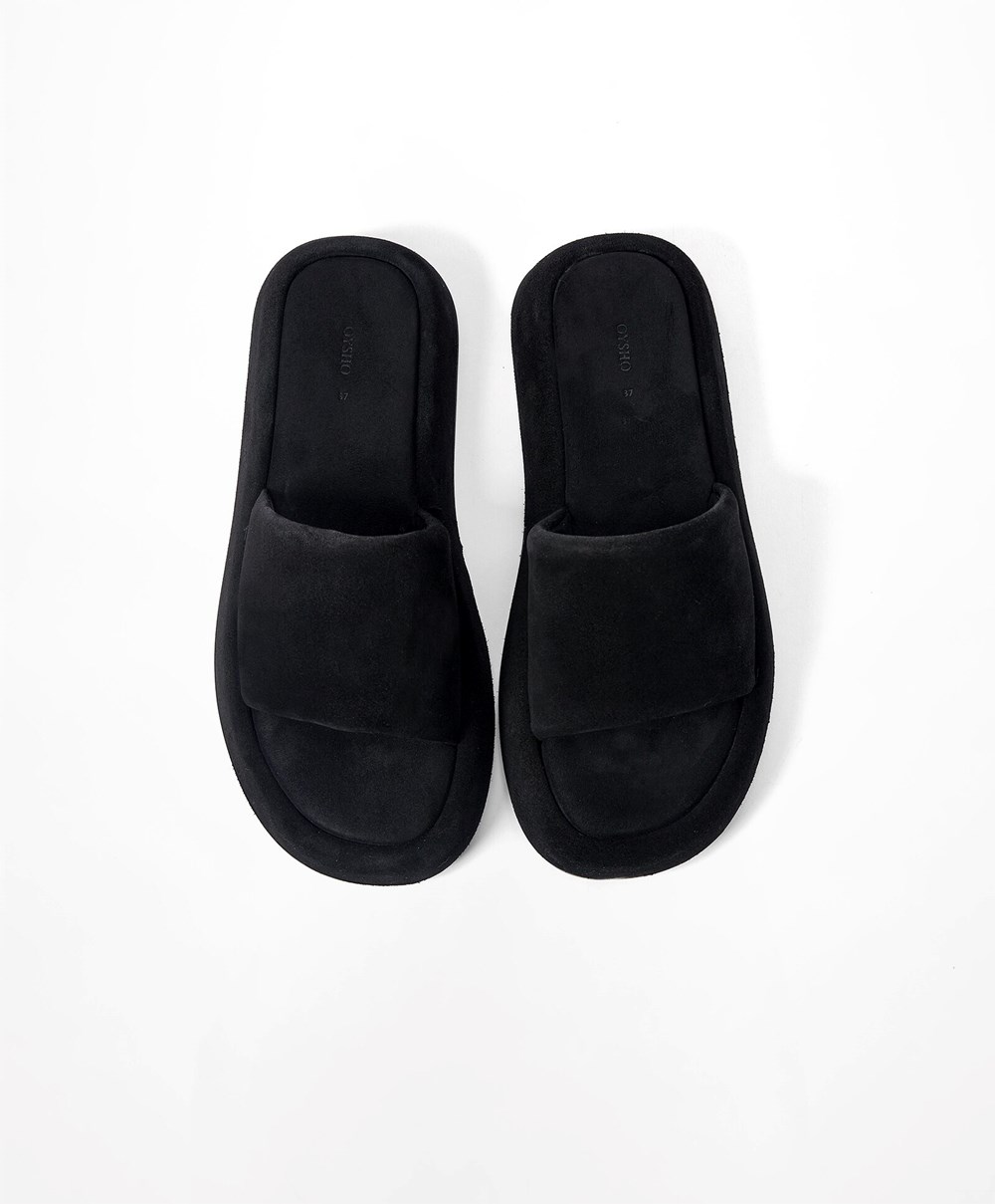 Oysho Split-leather Platform Slides Svarte | BNKA61807