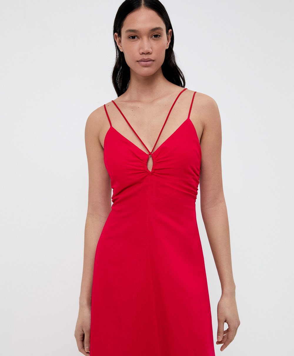 Oysho Strappy Linen Midi Kjoler Rød | XKYL53208