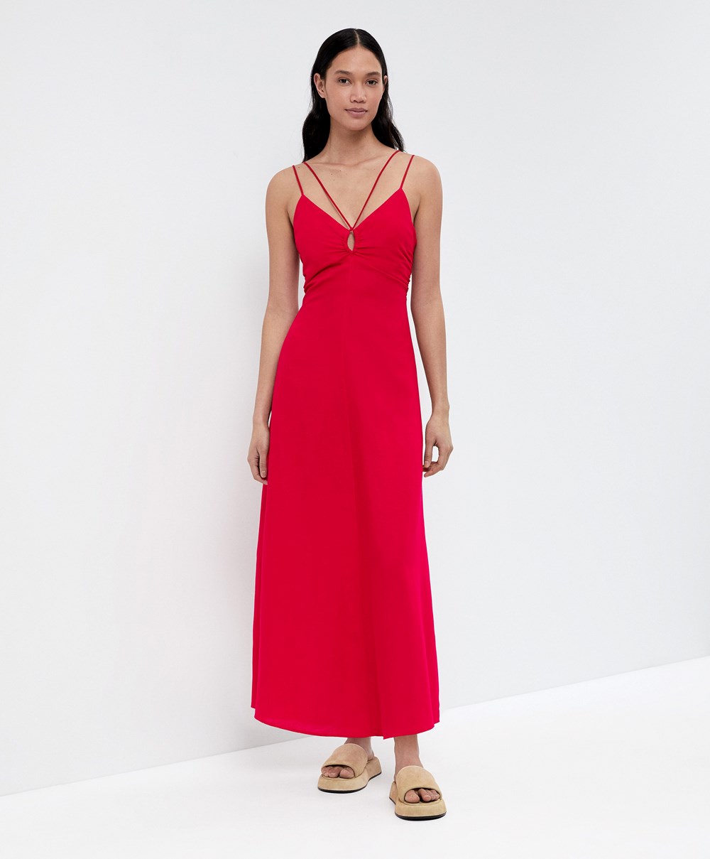 Oysho Strappy Linen Midi Kjoler Rød | XKYL53208