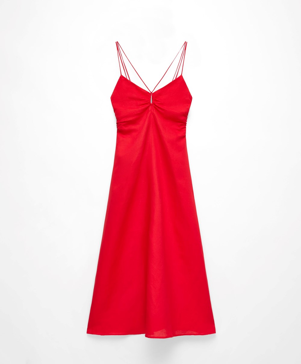 Oysho Strappy Linen Midi Kjoler Rød | XKYL53208