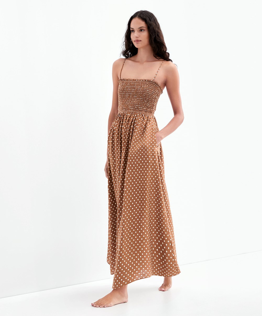 Oysho Strappy Ruched Polka Dot Kjoler Caramel | KRBM54290