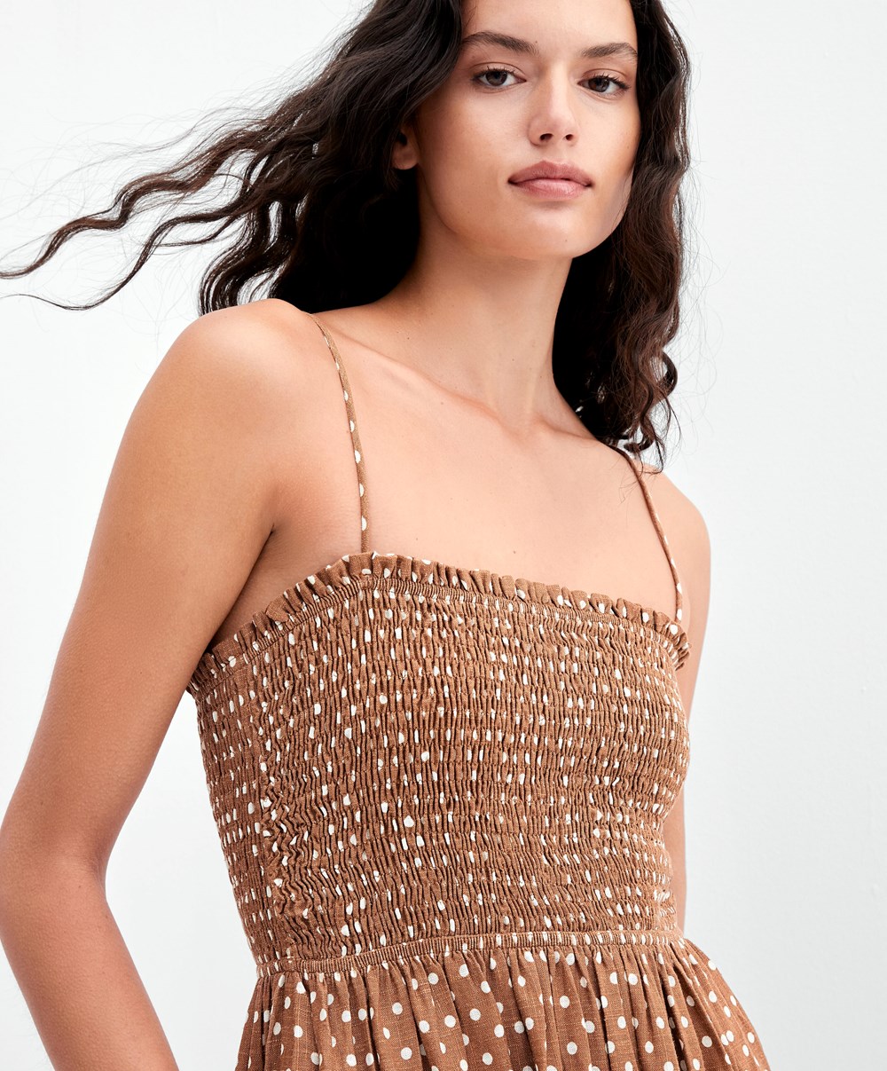 Oysho Strappy Ruched Polka Dot Kjoler Caramel | KRBM54290