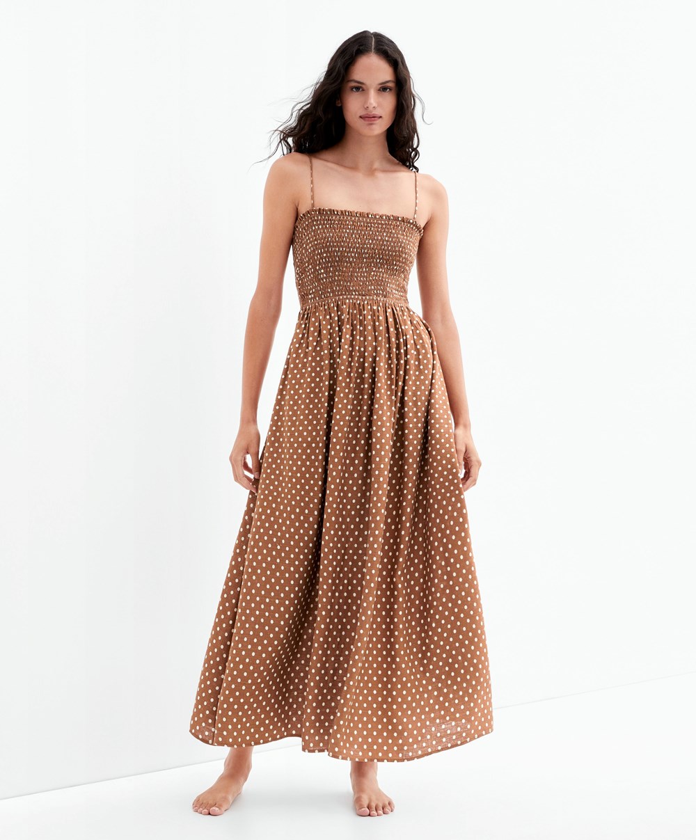 Oysho Strappy Ruched Polka Dot Kjoler Caramel | KRBM54290