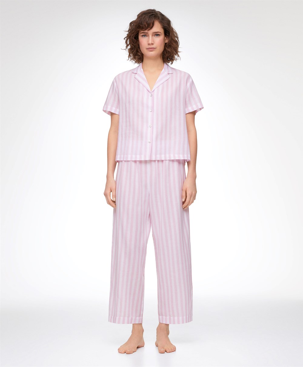 Oysho Stripe 100% Bomull Kort-sleeved Shirt Lavendel | IJEK24190