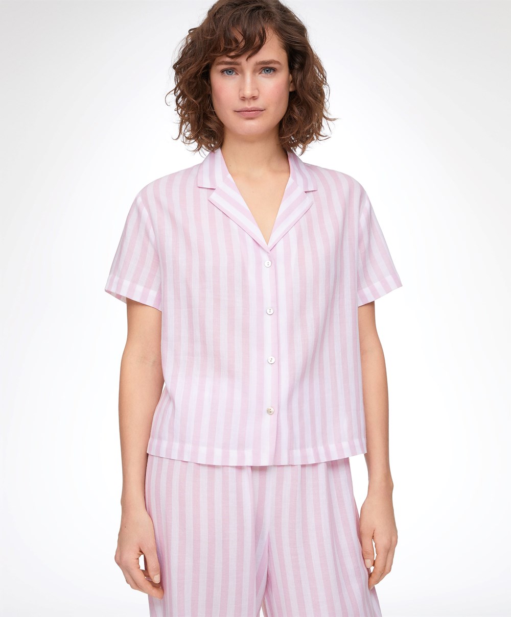 Oysho Stripe 100% Bomull Kort-sleeved Shirt Lavendel | IJEK24190