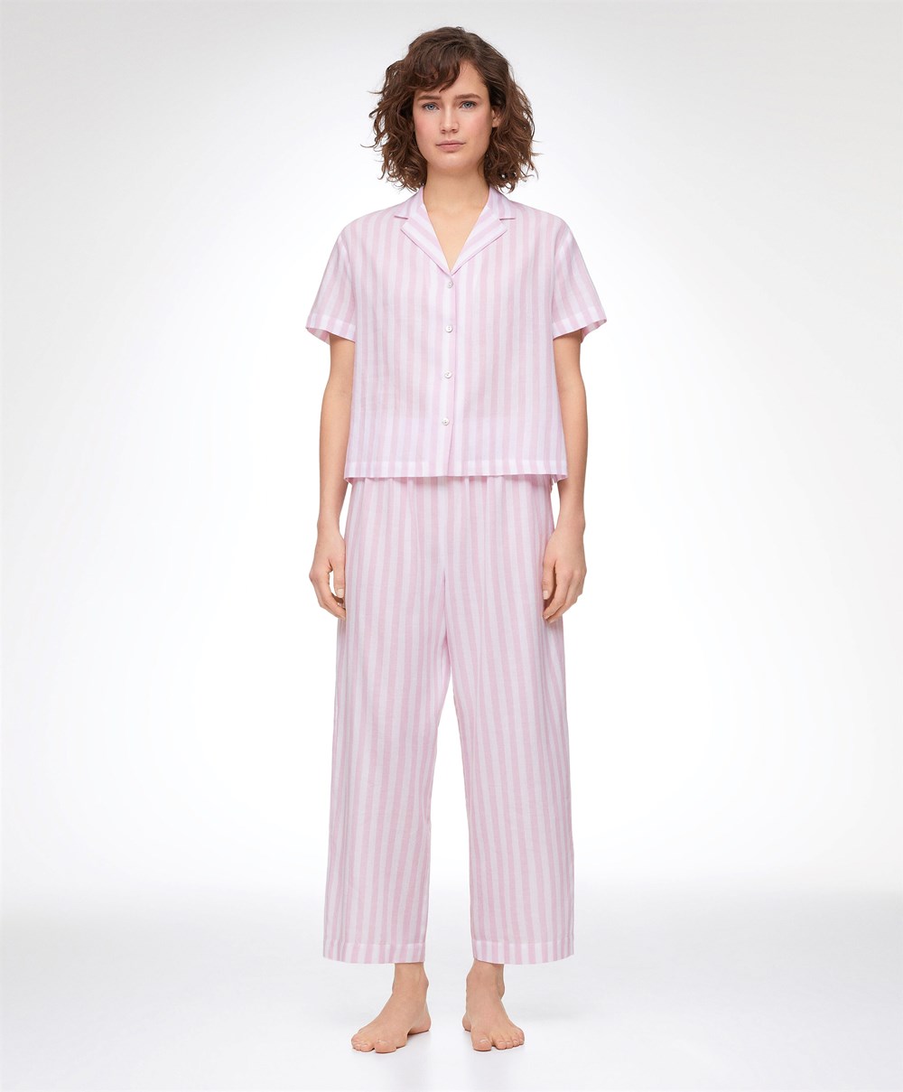 Oysho Stripe 100% Bomull Kort-sleeved Shirt Lavendel | QFML01638