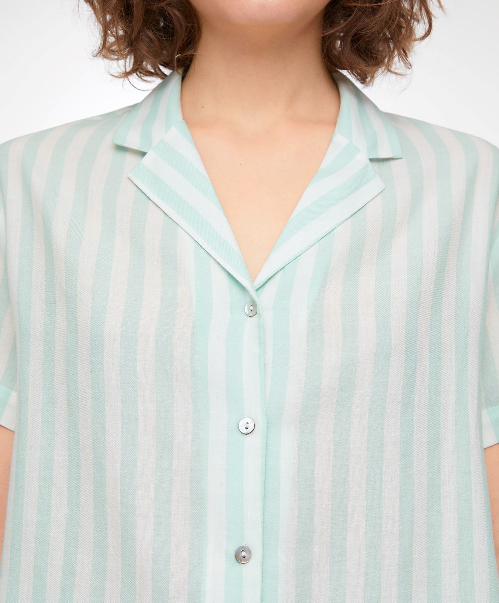 Oysho Stripe 100% Bomull Kort-sleeved Shirt Grønn | ULVM91083