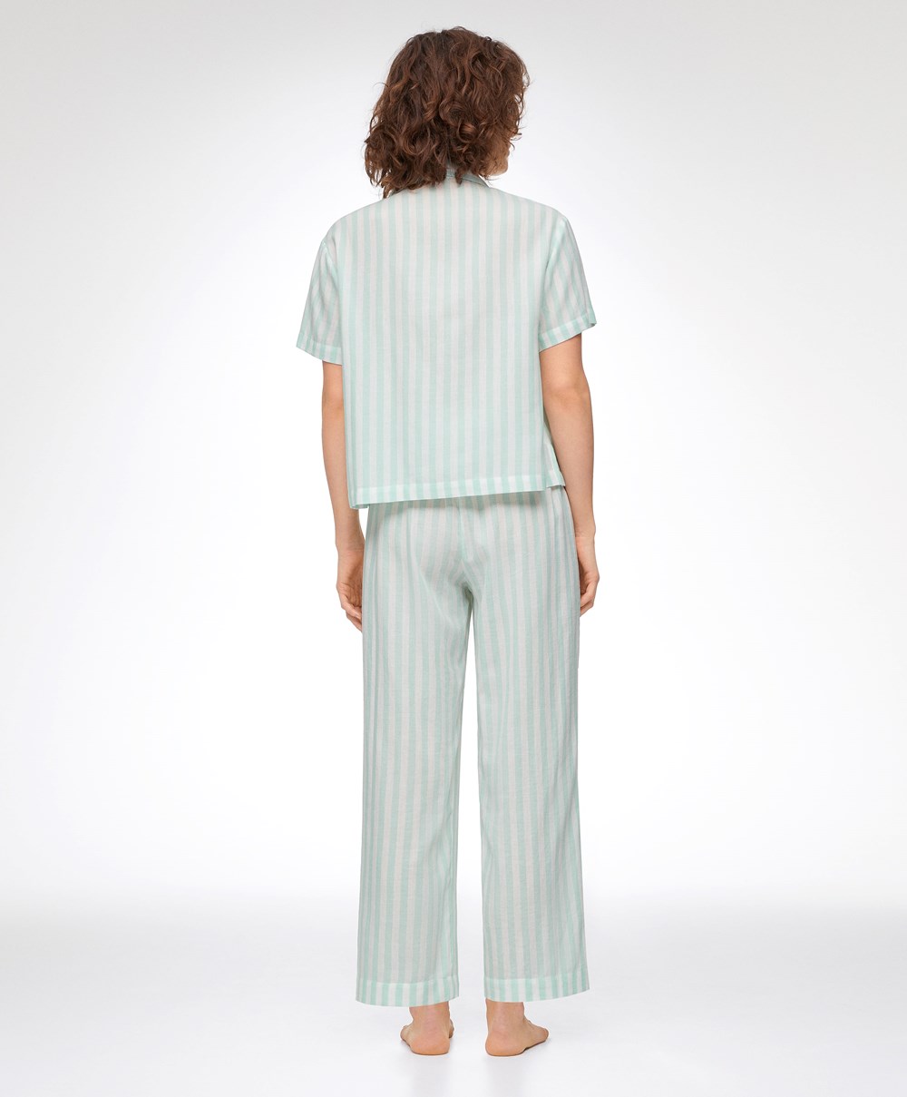 Oysho Stripe 100% Bomull Kort-sleeved Shirt Grønn | ULVM91083