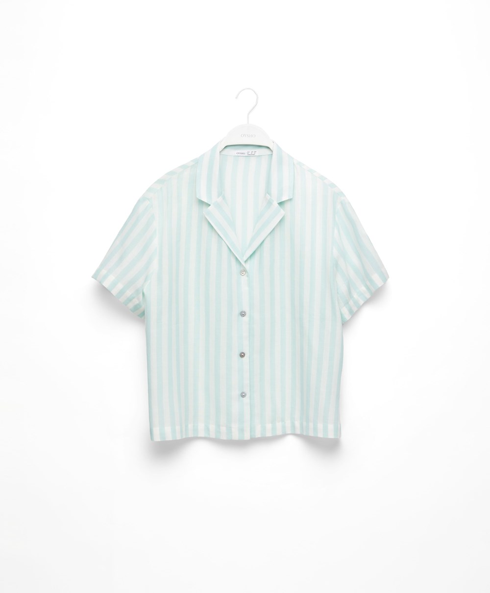 Oysho Stripe 100% Bomull Kort-sleeved Shirt Grønn | ULVM91083