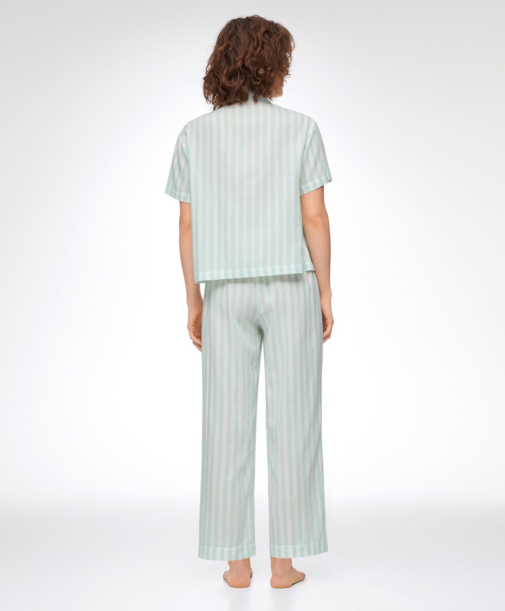 Oysho Stripe 100% Bomull Kort-sleeved Shirt Grønn | YWOT65193